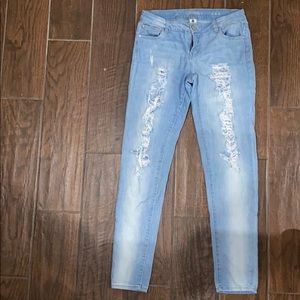Celebrity pink jeans distressed